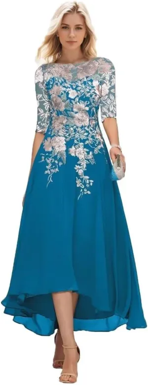 Mother of The Bride Dresses for Wedding Embroidery Tea Length Formal Wedding Guest Dress with Sleeves