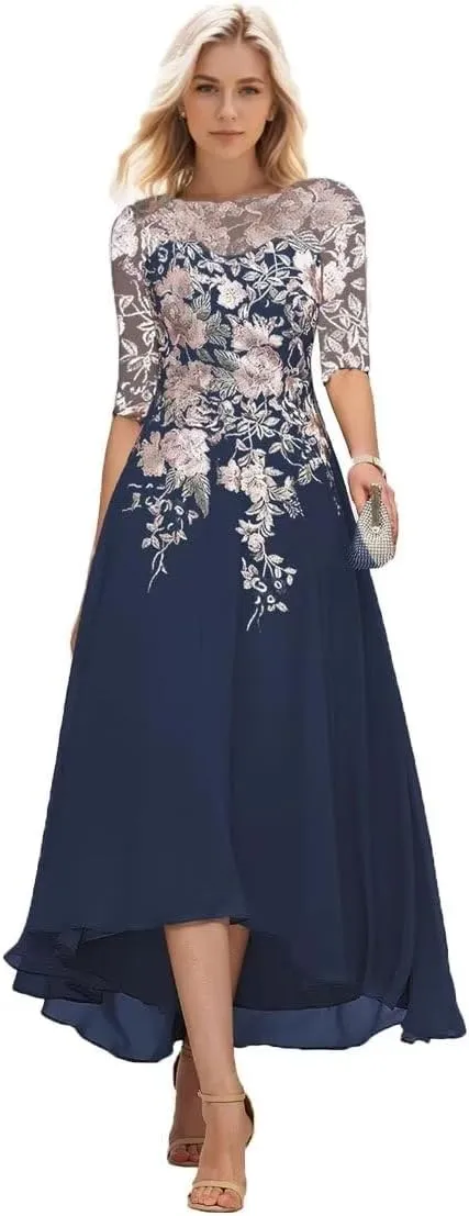 Mother of The Bride Dresses for Wedding Embroidery Tea Length Formal Wedding Guest Dress with Sleeves