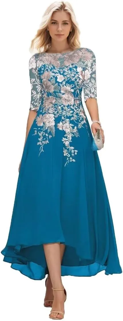 Mother of The Bride Dresses for Wedding Embroidery Tea Length Formal Wedding Guest Dress with Sleeves