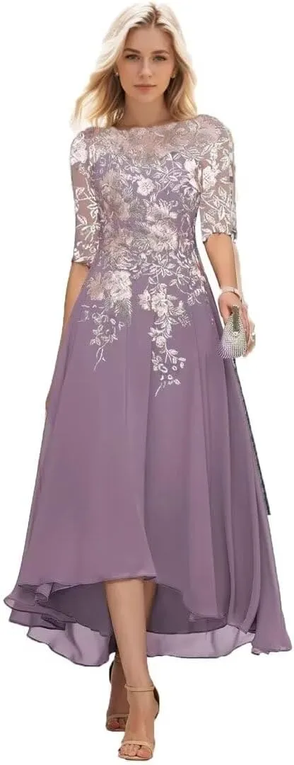 Mother of The Bride Dresses for Wedding Embroidery Tea Length Formal Wedding Guest Dress with Sleeves