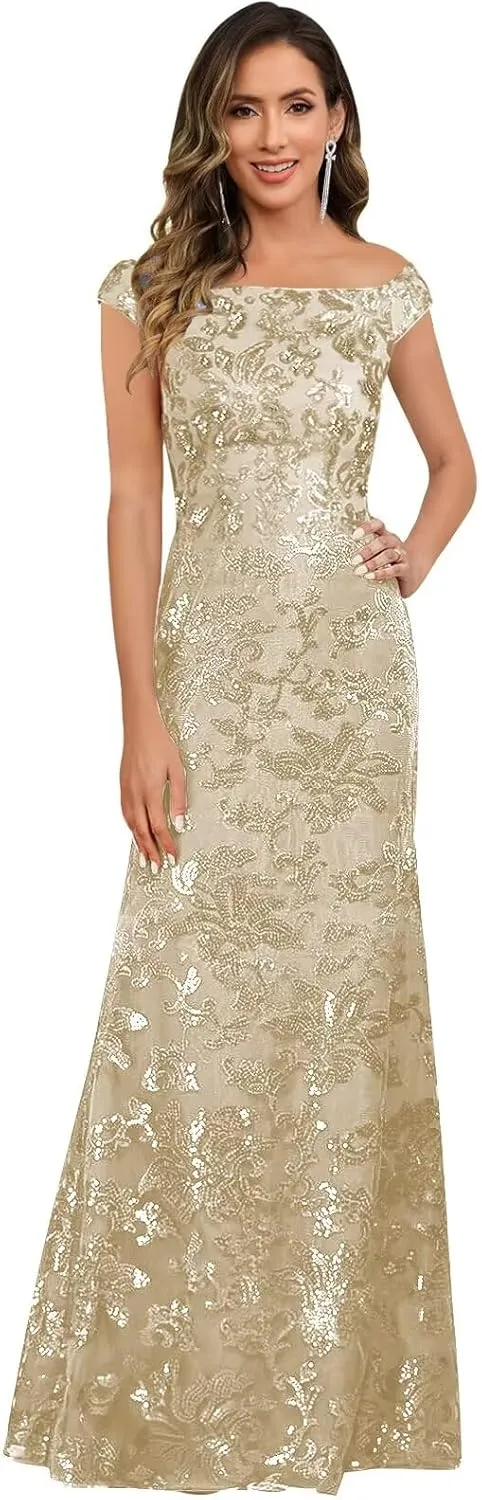 Mother of The Bride Dresses for Women Off The Shoulder Sequin Evening Formal Dress