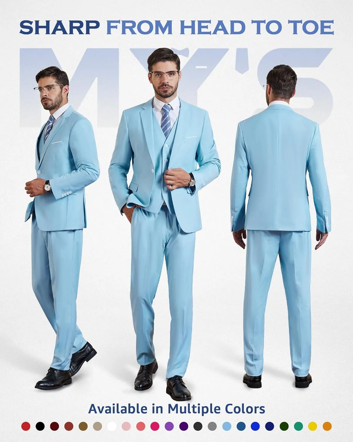 MY'S Mens 3-Piece Slim Fit Suit Set, One Button Solid Jacket Vest Pants with Tie for Wedding Party Business Prom