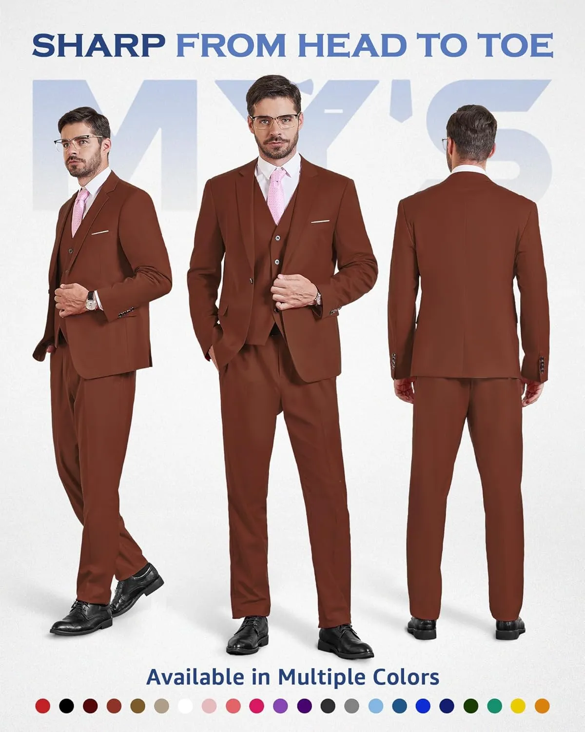 MY'S Mens 3-Piece Slim Fit Suit Set, One Button Solid Jacket Vest Pants with Tie for Wedding Party Business Prom