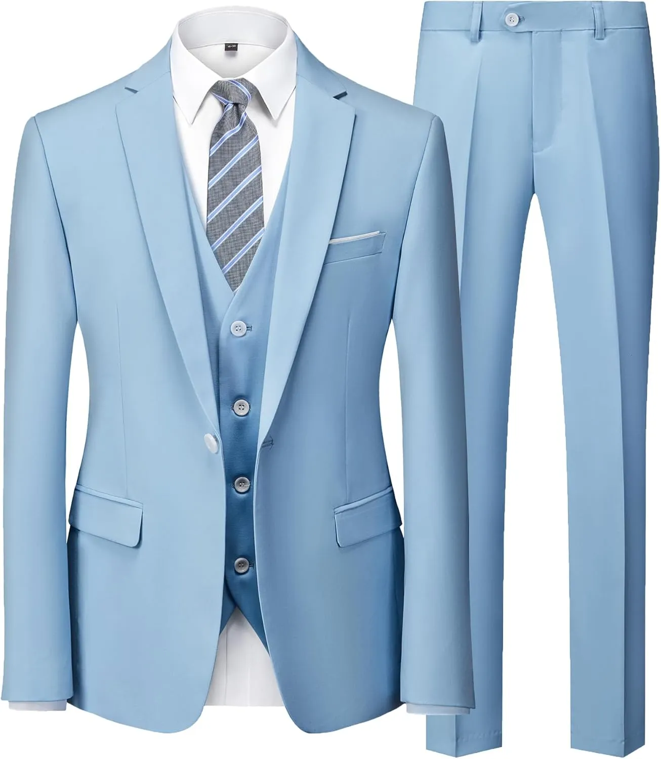 MY'S Mens 3-Piece Slim Fit Suit Set, One Button Solid Jacket Vest Pants with Tie for Wedding Party Business Prom