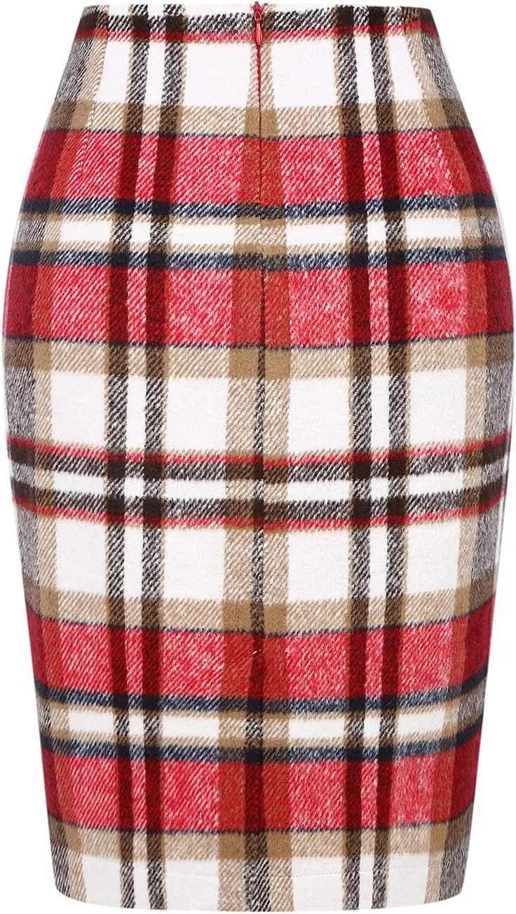 Mywinway Plaid Skirts for Women 2024 Fall Winter Knee Length Wool Pencil Skirt