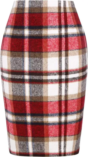 Mywinway Plaid Skirts for Women 2024 Fall Winter Knee Length Wool Pencil Skirt
