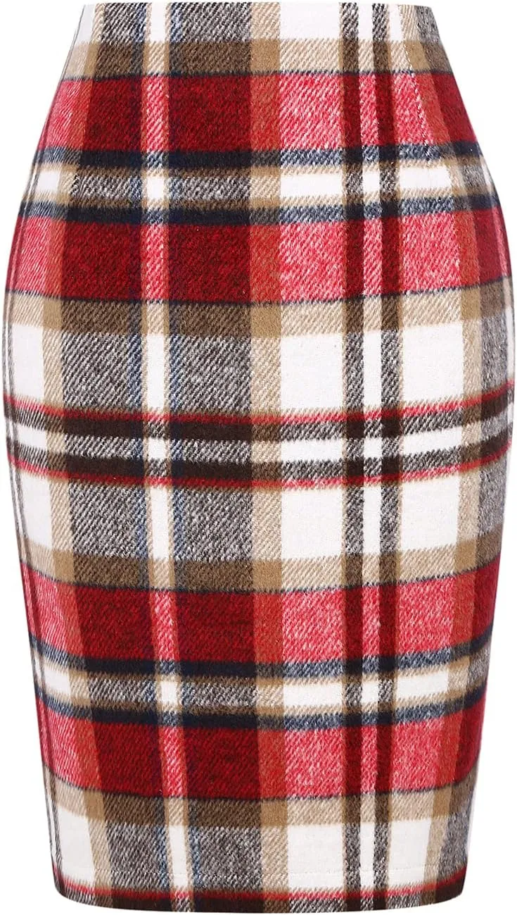 Mywinway Plaid Skirts for Women 2024 Fall Winter Knee Length Wool Pencil Skirt