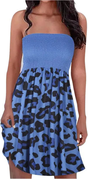 NaRHbrg Summer Dresses for Women Sleeveless Beach Mini Dress Sexy Tube Top Dress Smocked Off Shoulder Strapless Boho Sundress