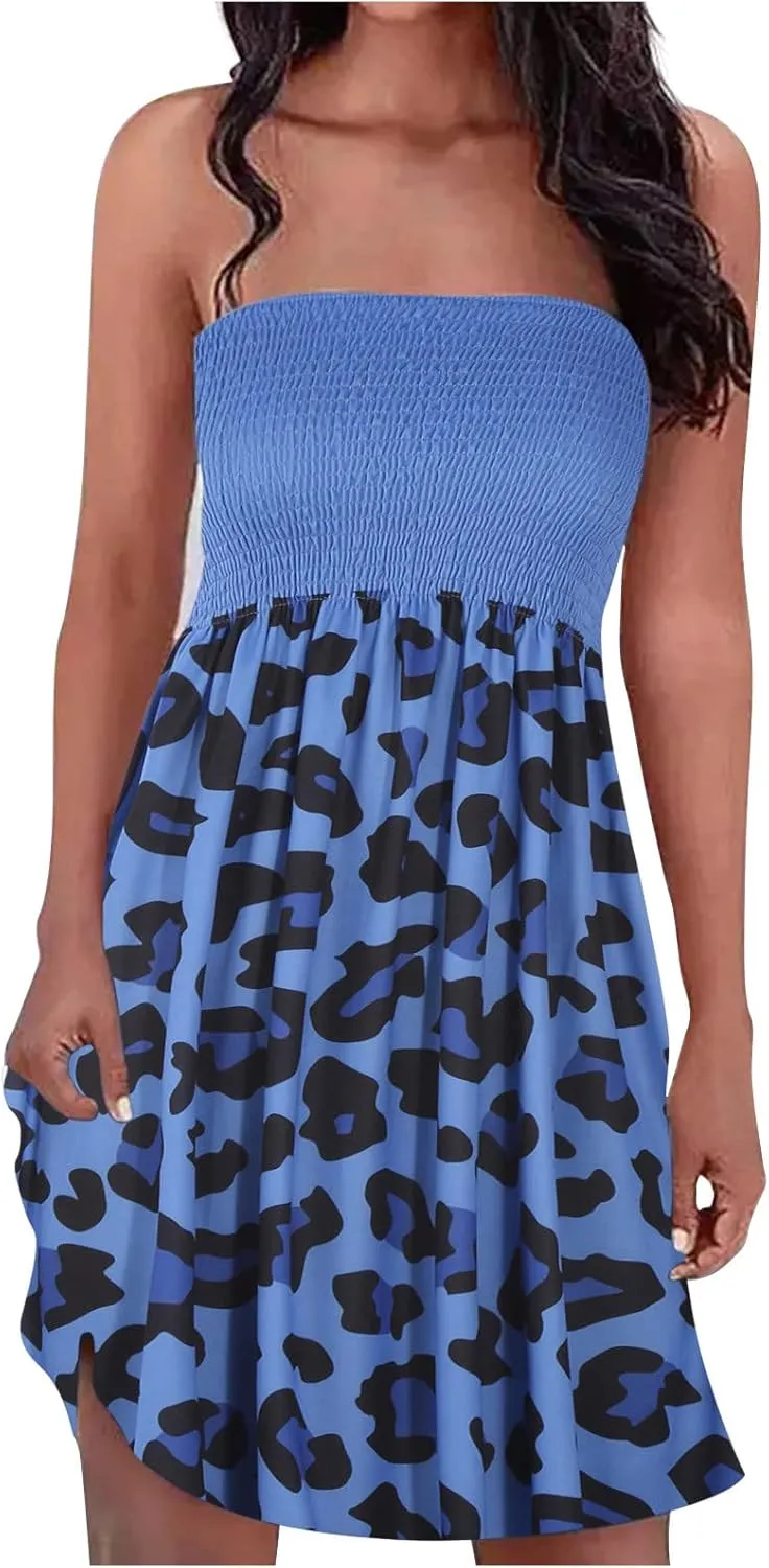 NaRHbrg Summer Dresses for Women Sleeveless Beach Mini Dress Sexy Tube Top Dress Smocked Off Shoulder Strapless Boho Sundress