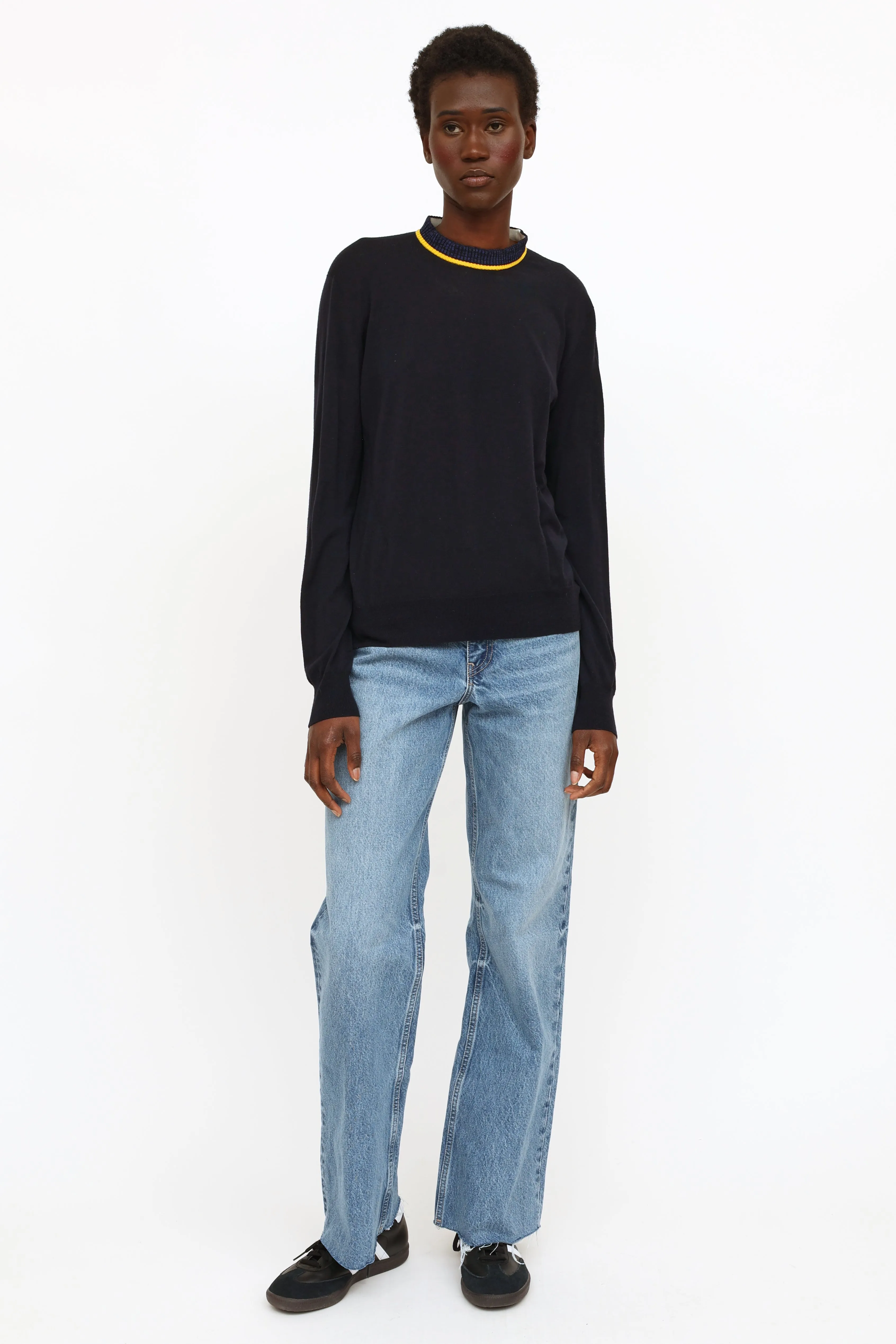 Navy & Yellow Knit Mock Neck Sweater
