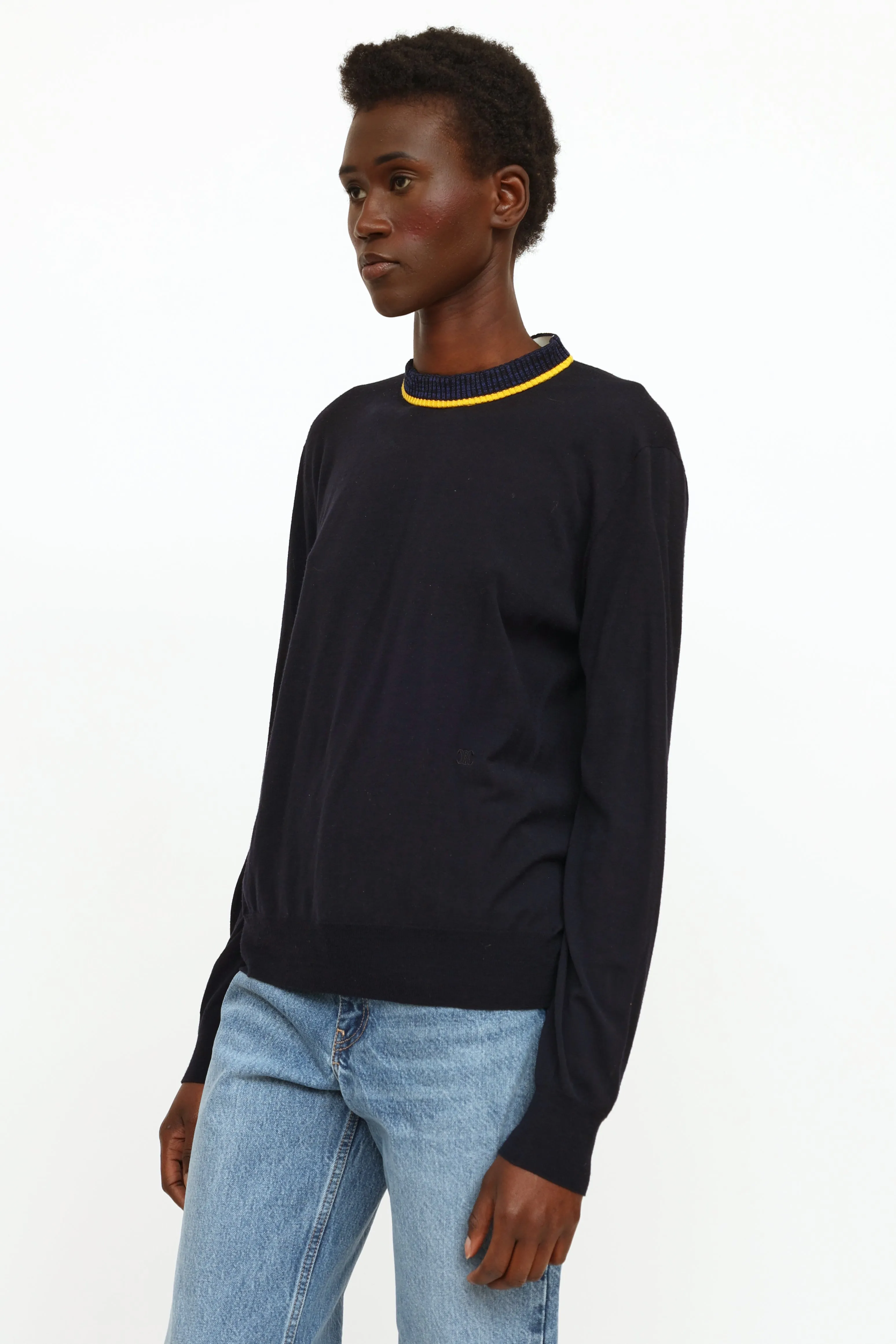 Navy & Yellow Knit Mock Neck Sweater