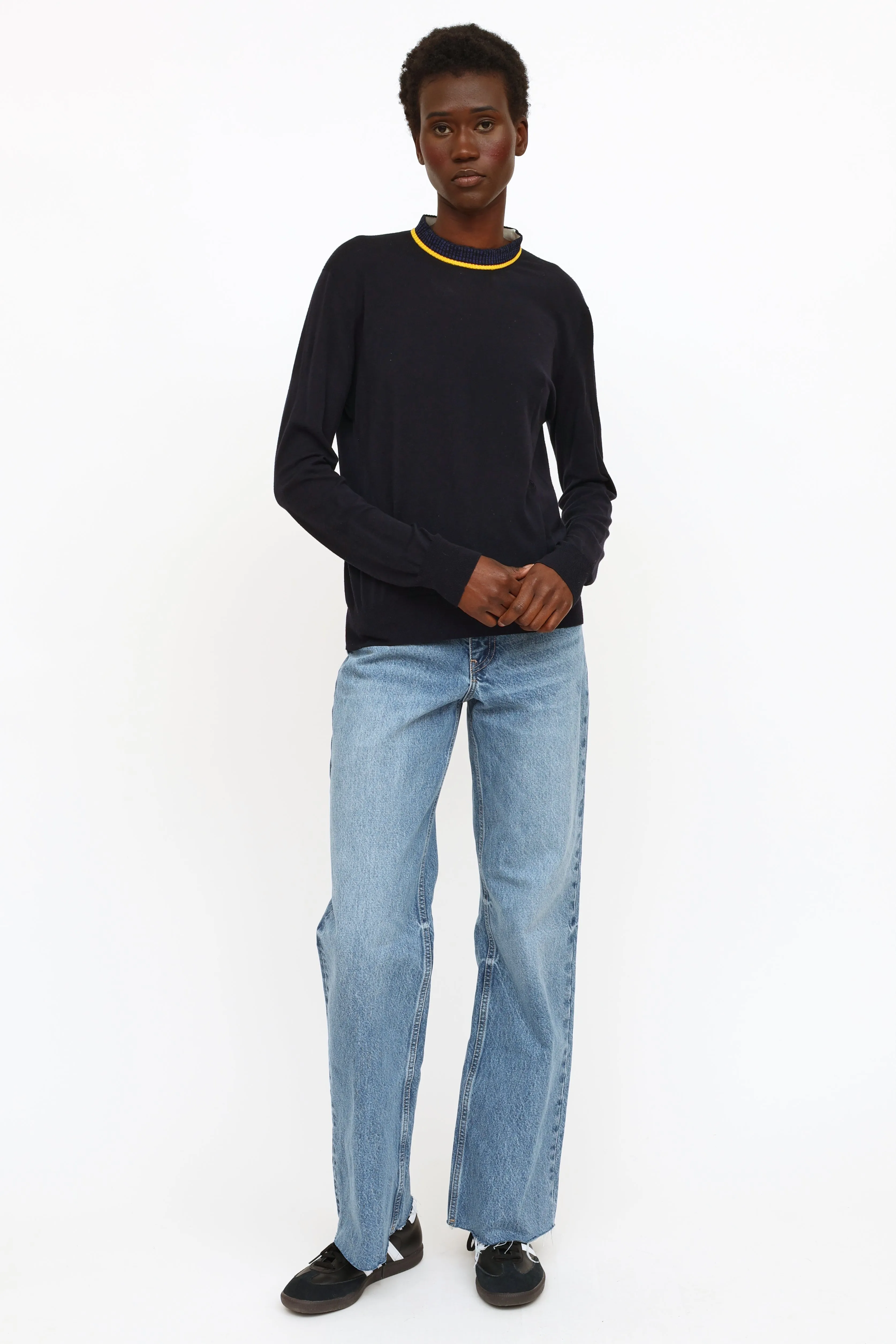 Navy & Yellow Knit Mock Neck Sweater