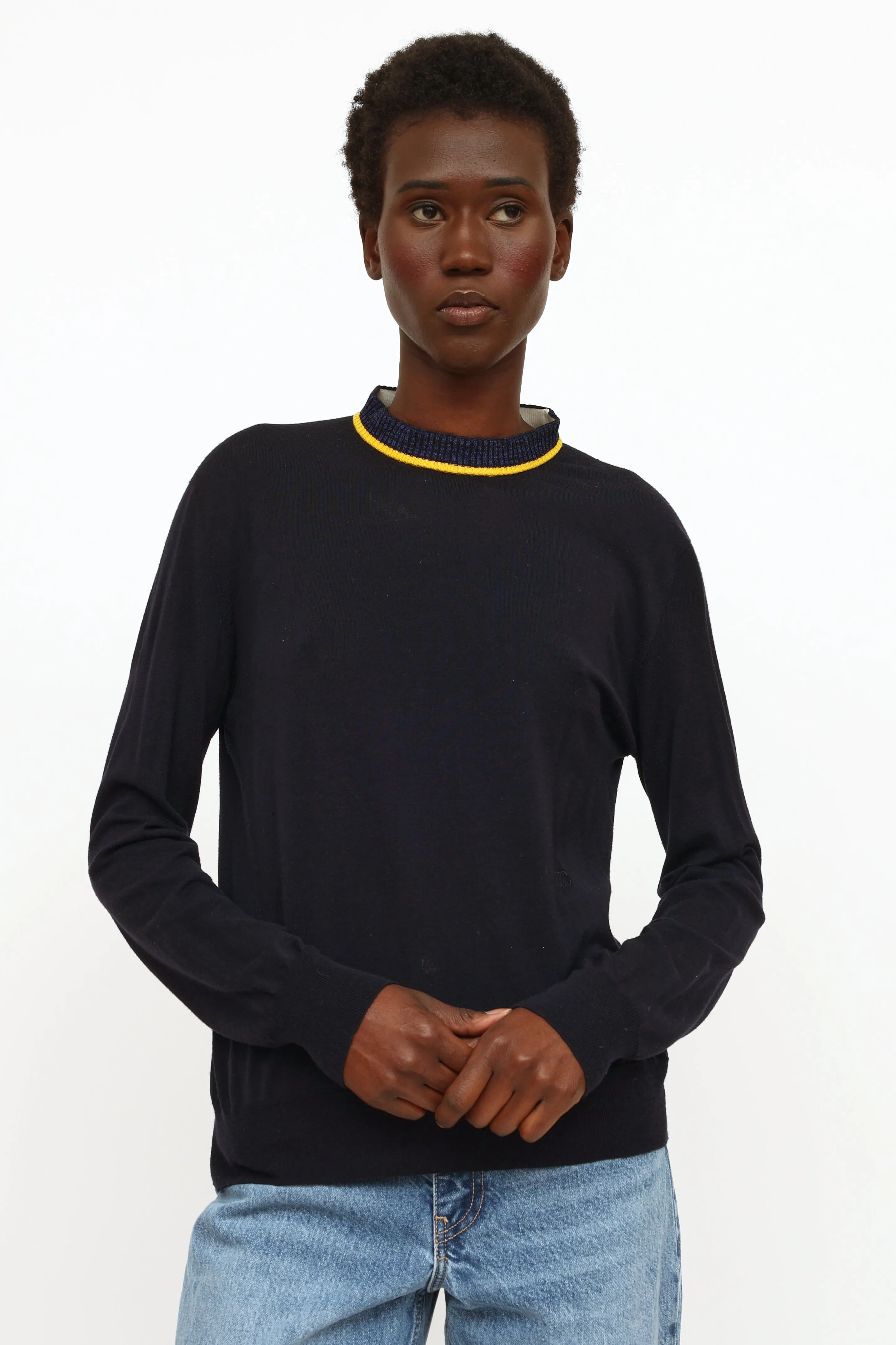 Navy & Yellow Knit Mock Neck Sweater
