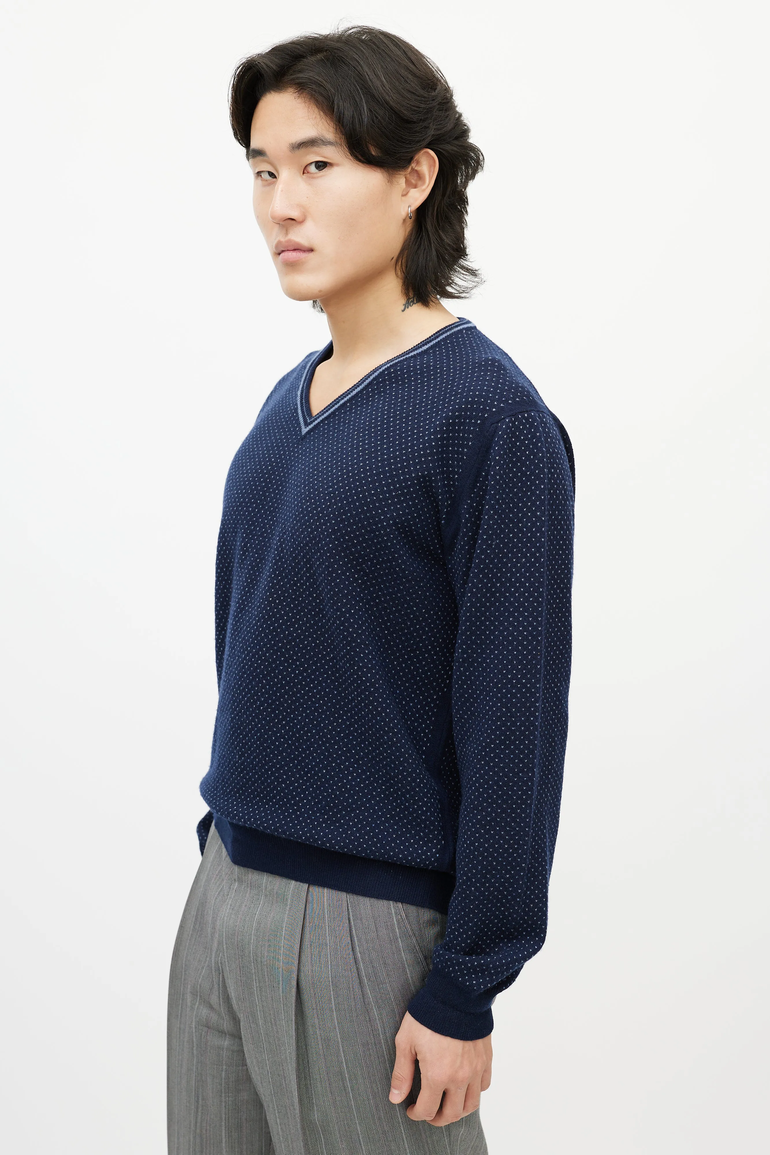 Navy Blue Dotted Cashmere V-Neck Sweater