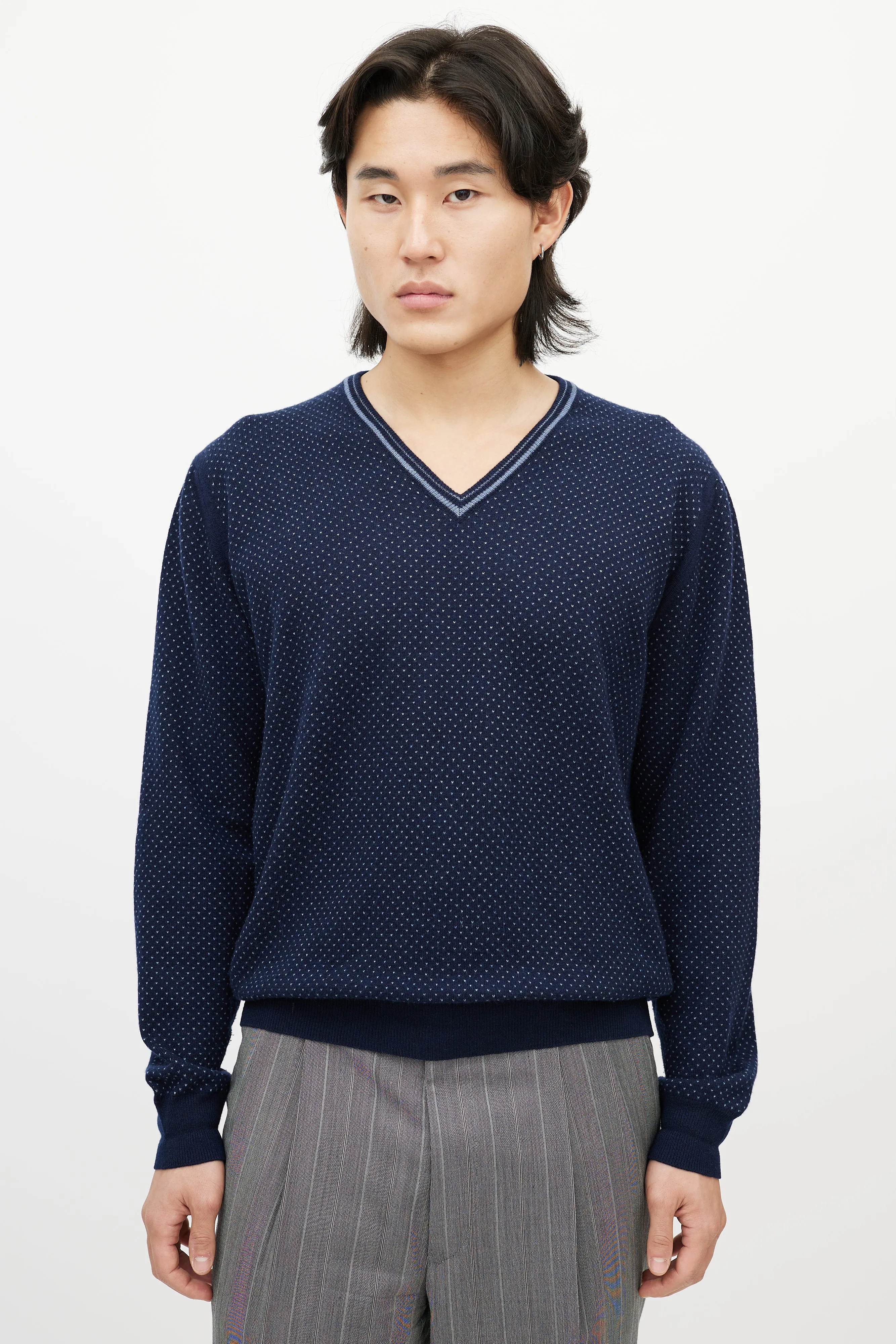 Navy Blue Dotted Cashmere V-Neck Sweater