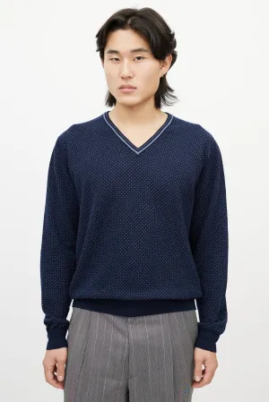 Navy Blue Dotted Cashmere V-Neck Sweater
