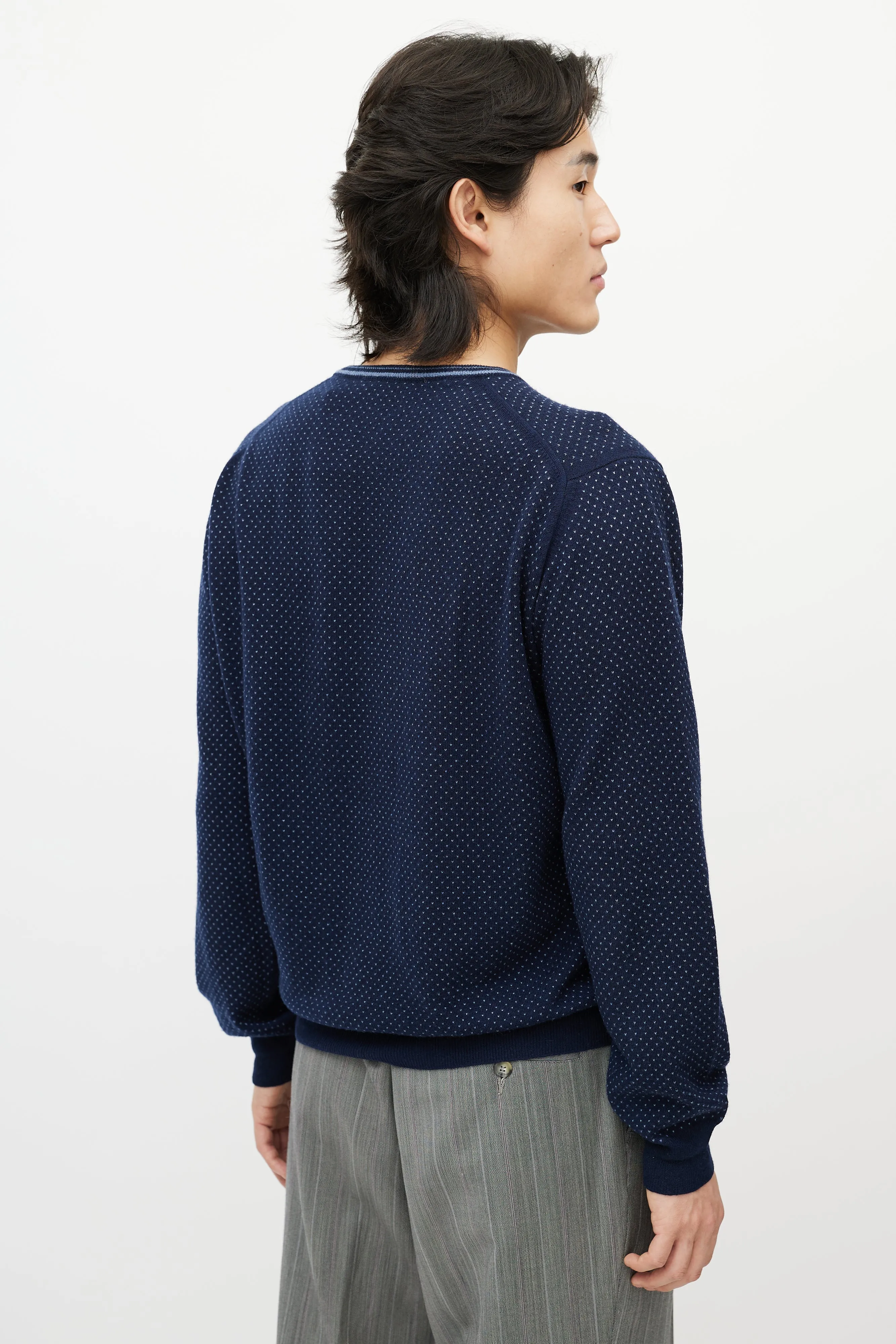 Navy Blue Dotted Cashmere V-Neck Sweater