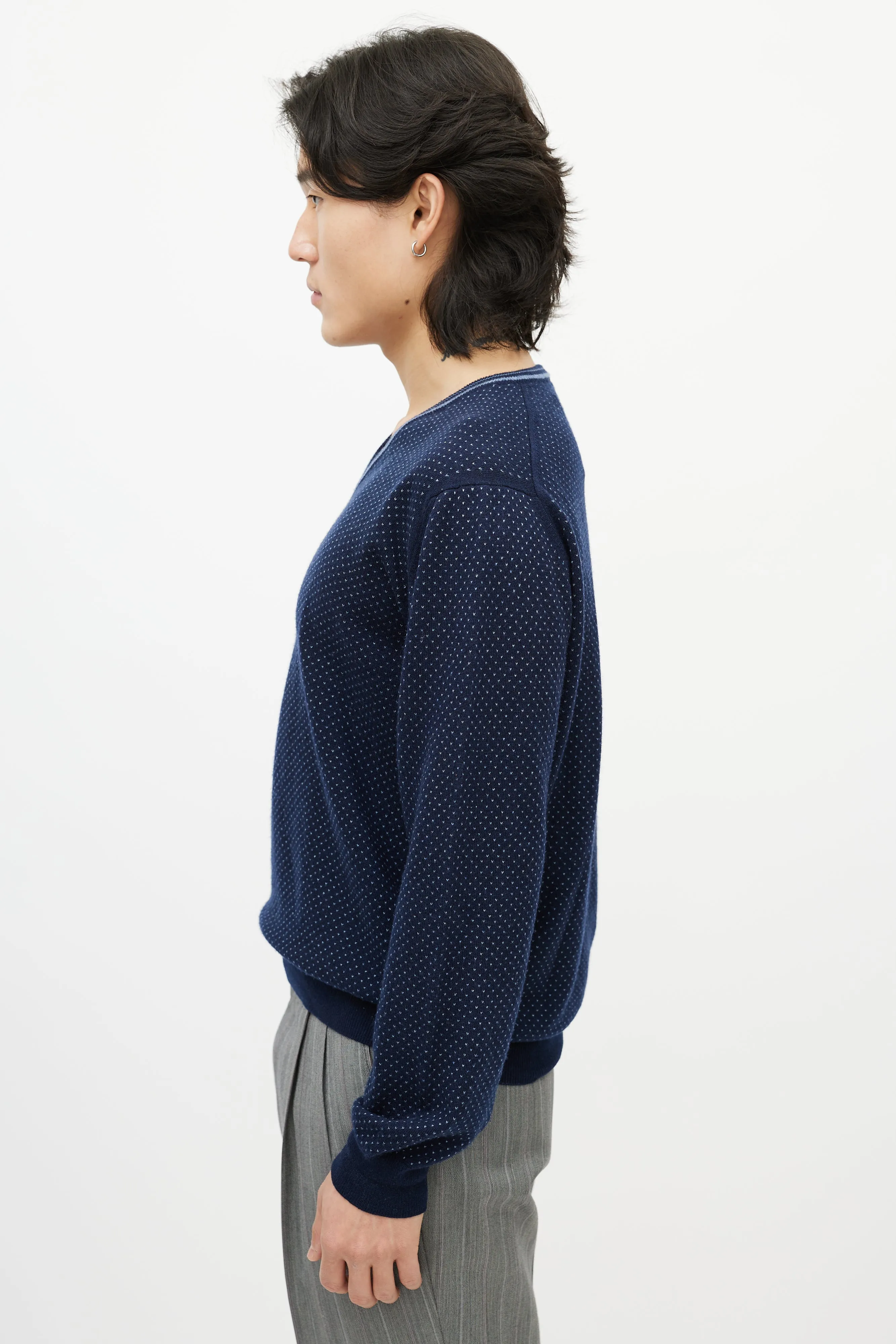 Navy Blue Dotted Cashmere V-Neck Sweater