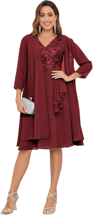 OFEECHUN 3/4 Sleeve Mother of The Bride Dresses for Wedding with Jacket 2 Piece Lace Chiffon Formal Evening Gown