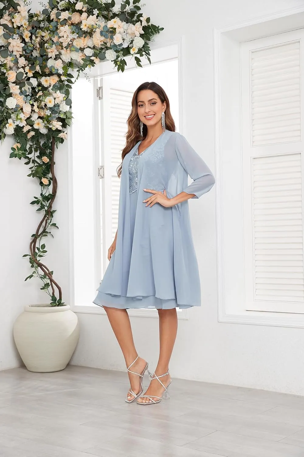 OFEECHUN 3/4 Sleeve Mother of The Bride Dresses for Wedding with Jacket 2 Piece Lace Chiffon Formal Evening Gown