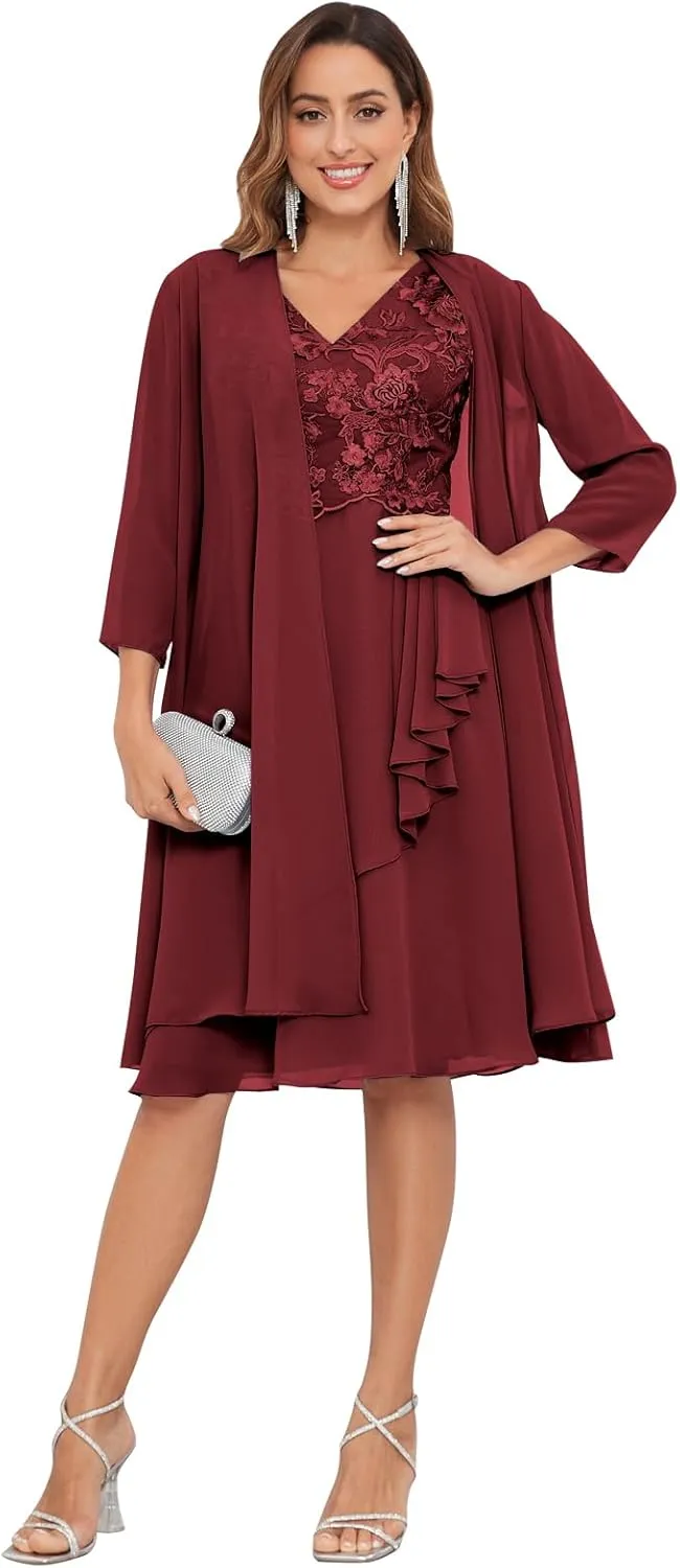 OFEECHUN 3/4 Sleeve Mother of The Bride Dresses for Wedding with Jacket 2 Piece Lace Chiffon Formal Evening Gown