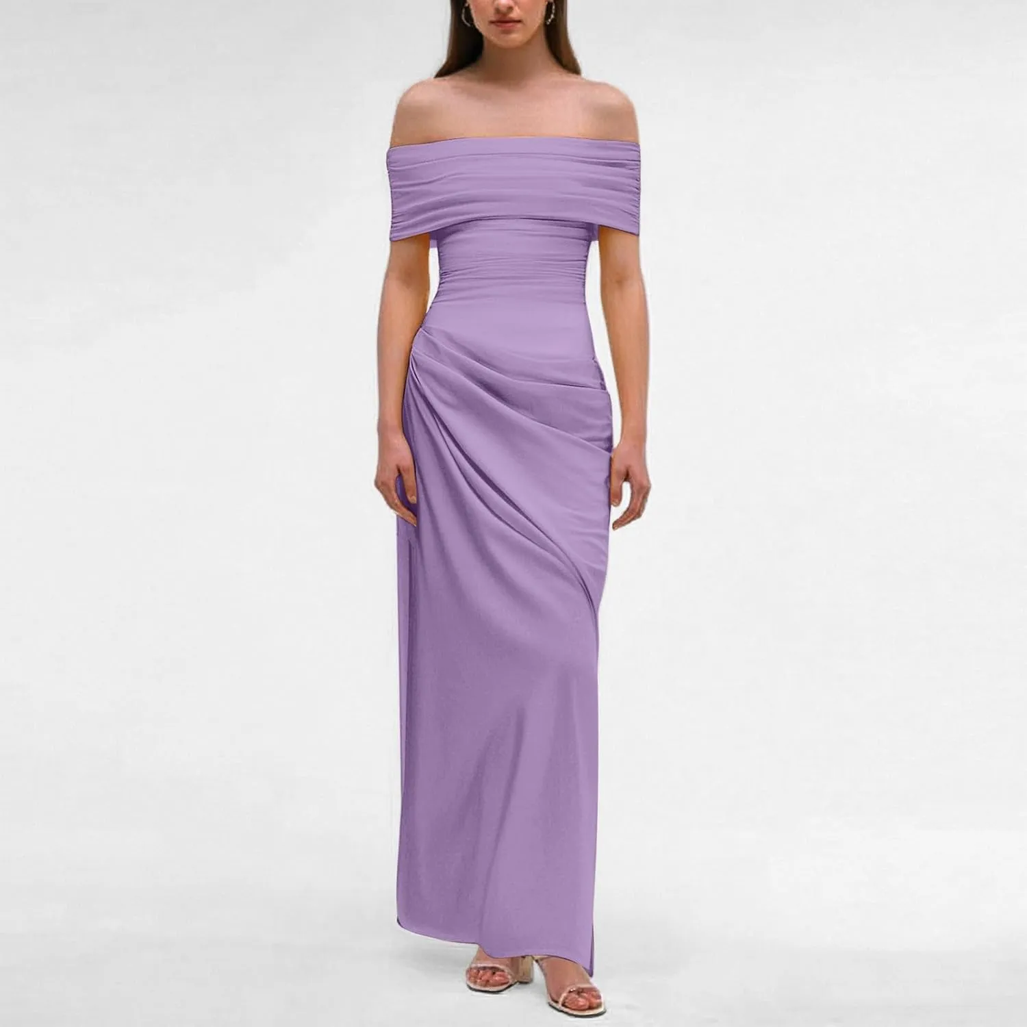 Off Shoulder Bridesmaid Dresses Long Ruched Chiffon Formal Evening Dress with Slit Woman Dresses Casual
