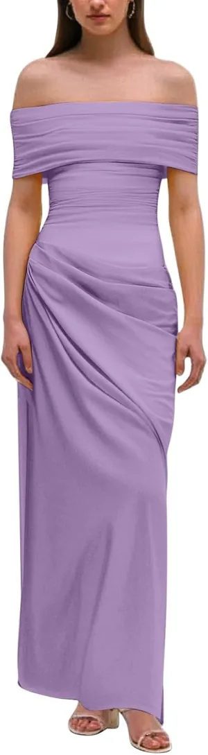 Off Shoulder Bridesmaid Dresses Long Ruched Chiffon Formal Evening Dress with Slit Woman Dresses Casual