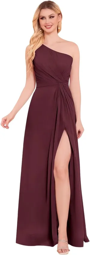 One Shoulder Bridesmaid Dresses with Slit Flowy Chiffon Long Formal Dresses with Pockets for Women
