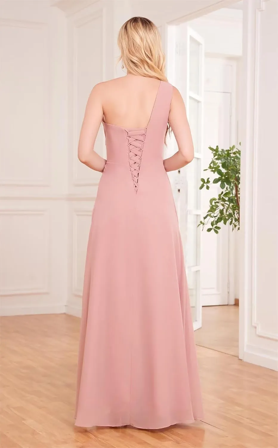 One Shoulder Bridesmaid Dresses with Slit Flowy Chiffon Long Formal Dresses with Pockets for Women