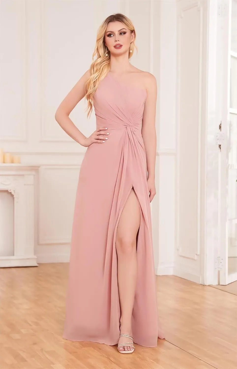 One Shoulder Bridesmaid Dresses with Slit Flowy Chiffon Long Formal Dresses with Pockets for Women