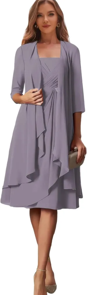 Petite Mother of The Bride Dresses Beach Wedding Chiffon Wisteria Formal Evening Gown with Sleeves Size 2