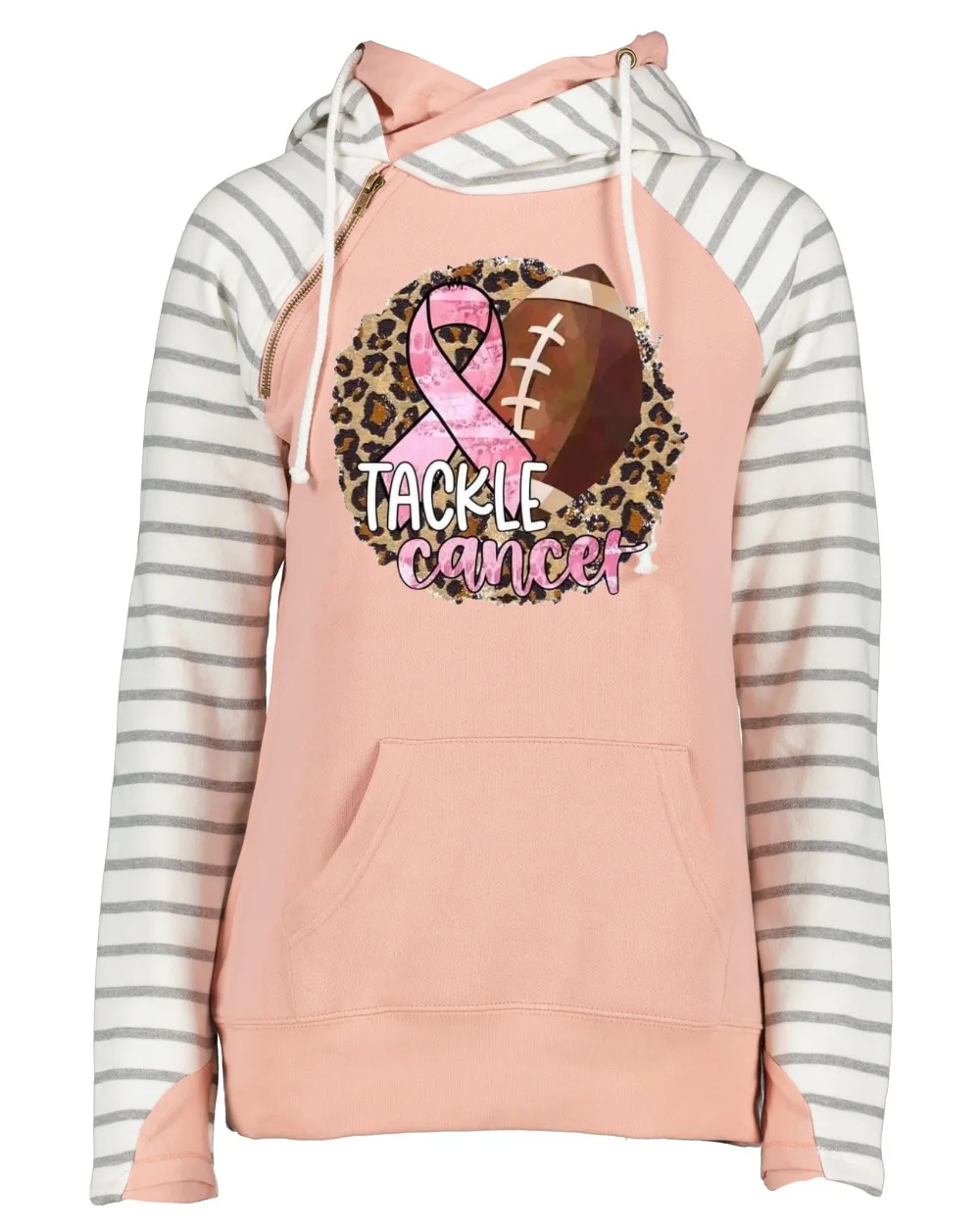 Pink Out Tackle Cancer Leopard Circle Football Cowl Double Hood Top