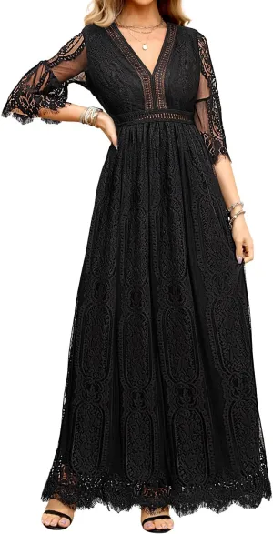 Pinup Fashion Women's V Neck Floral Lace Wedding Dress 3/4 Sleeves Cocktail Party Boho Maxi Dresses