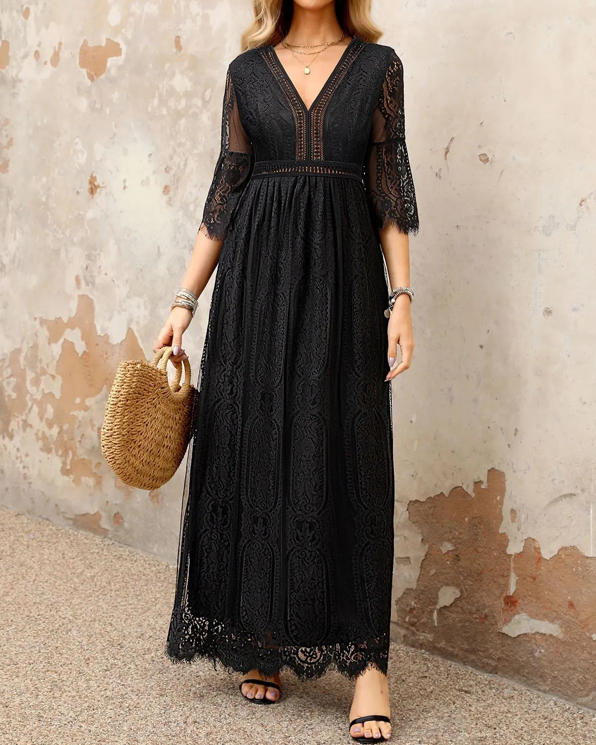 Pinup Fashion Women's V Neck Floral Lace Wedding Dress 3/4 Sleeves Cocktail Party Boho Maxi Dresses