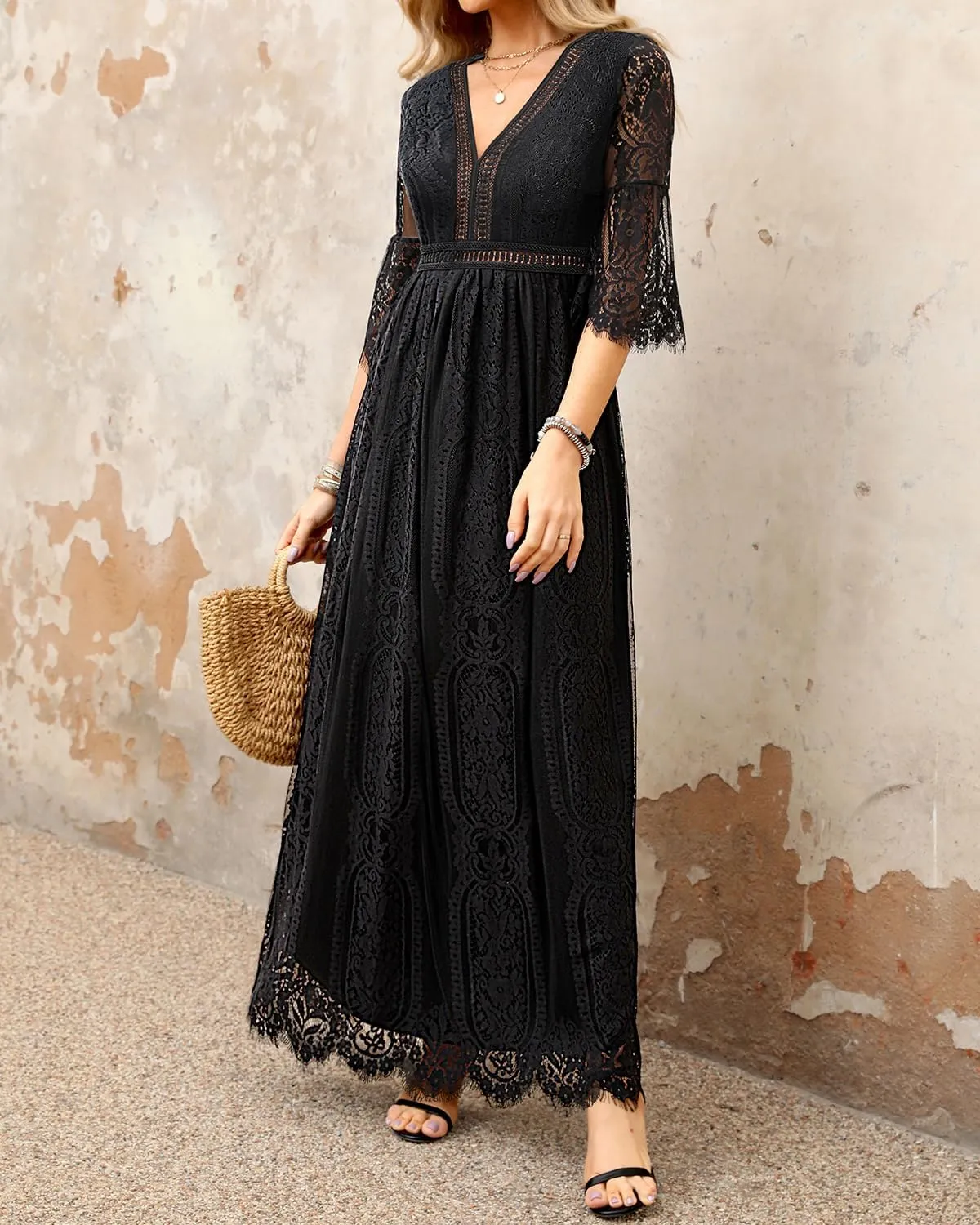 Pinup Fashion Women's V Neck Floral Lace Wedding Dress 3/4 Sleeves Cocktail Party Boho Maxi Dresses