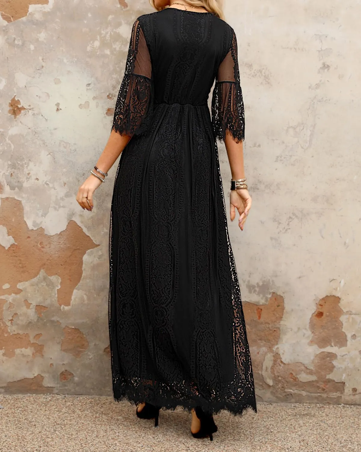 Pinup Fashion Women's V Neck Floral Lace Wedding Dress 3/4 Sleeves Cocktail Party Boho Maxi Dresses