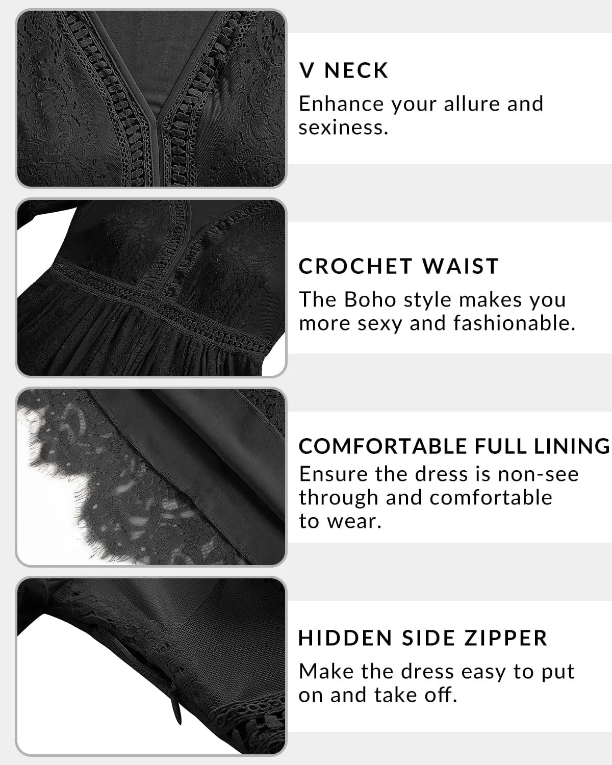 Pinup Fashion Women's V Neck Floral Lace Wedding Dress 3/4 Sleeves Cocktail Party Boho Maxi Dresses