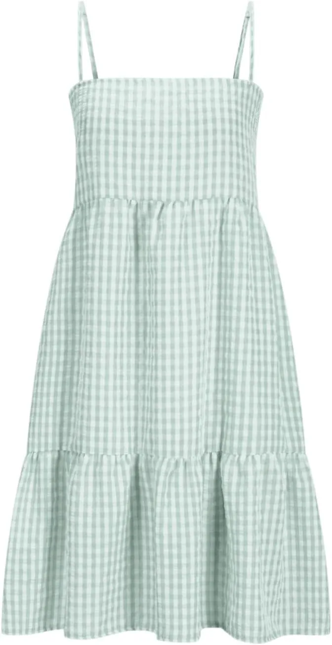 Plaid Dress for Women 2025 Fashion Spaghetti Strap Sleeveless Ruffle Hem Mini Dresses Summer Boho Flowy Beach Dress