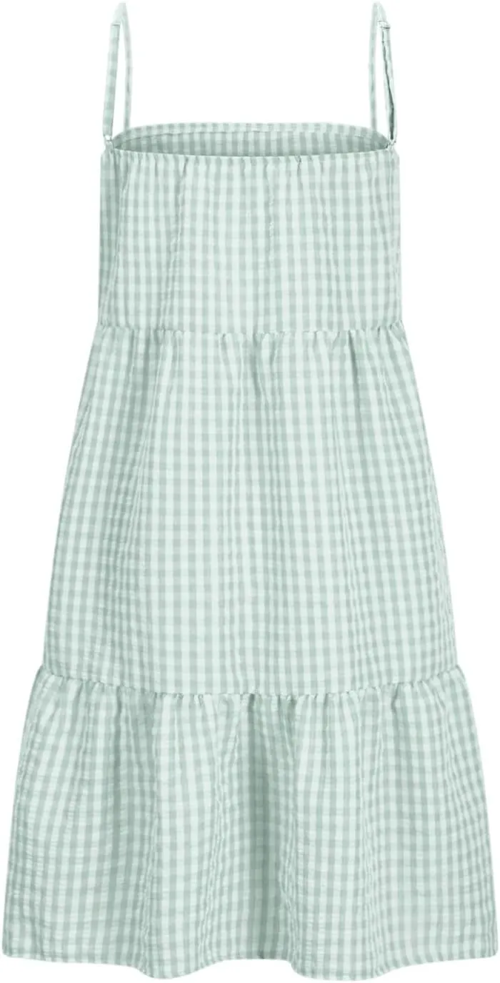 Plaid Dress for Women 2025 Fashion Spaghetti Strap Sleeveless Ruffle Hem Mini Dresses Summer Boho Flowy Beach Dress