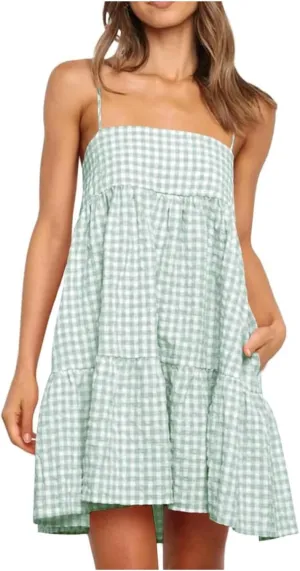 Plaid Dress for Women 2025 Fashion Spaghetti Strap Sleeveless Ruffle Hem Mini Dresses Summer Boho Flowy Beach Dress