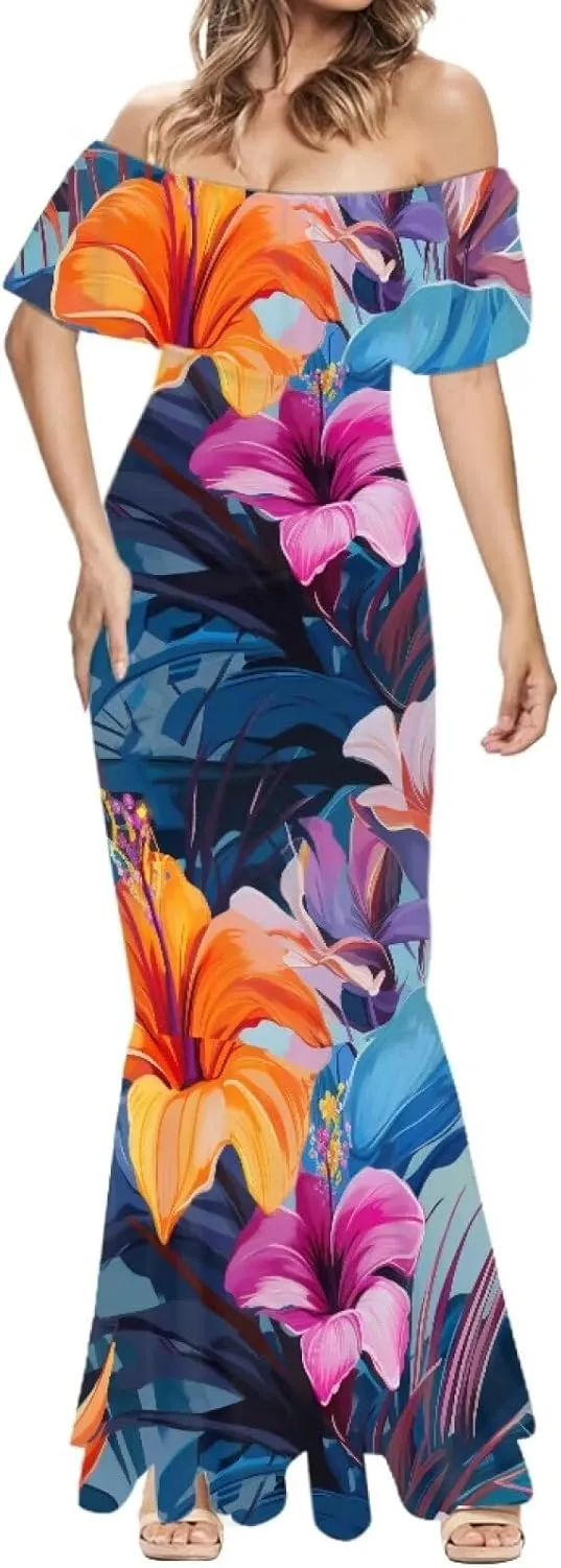 Polynesian Dresses for Women Off Shoulder Maxi Dress Puletasi Samoan Dresses S-7XL