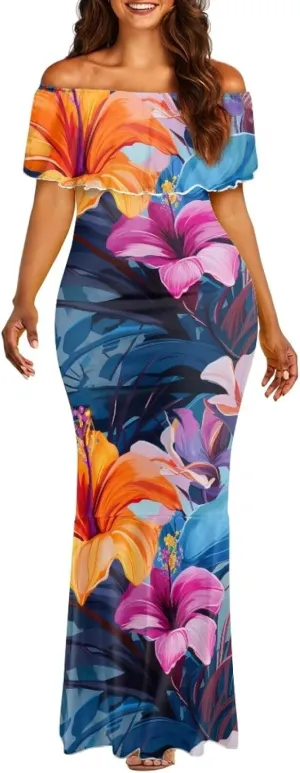 Polynesian Dresses for Women Off Shoulder Maxi Dress Puletasi Samoan Dresses S-7XL
