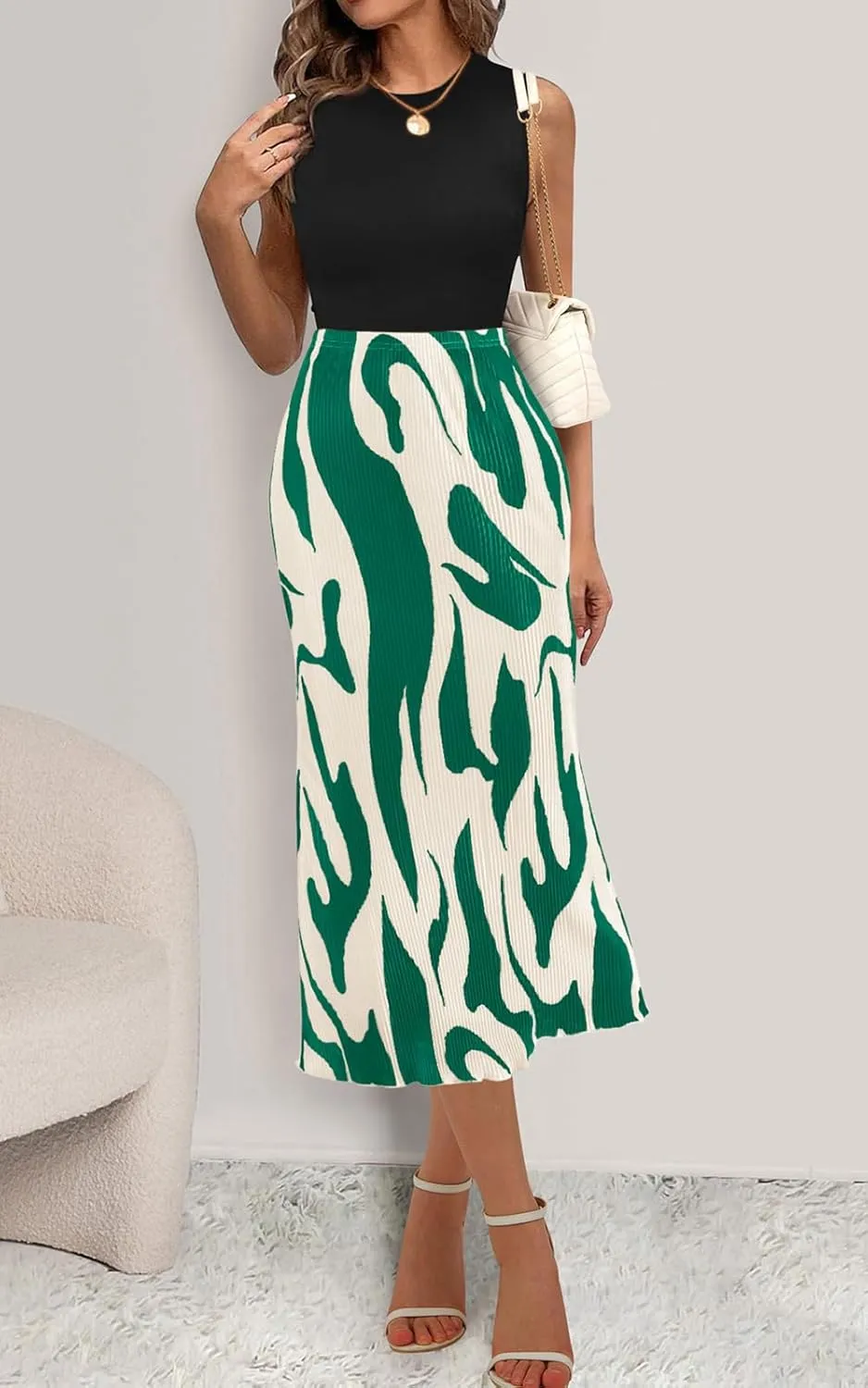 PRETTYGARDEN Women's 2025 Summer High Waist Graphic Print A Line Pleated Long Skirts for Women Trendy Plisse Midi Skirt
