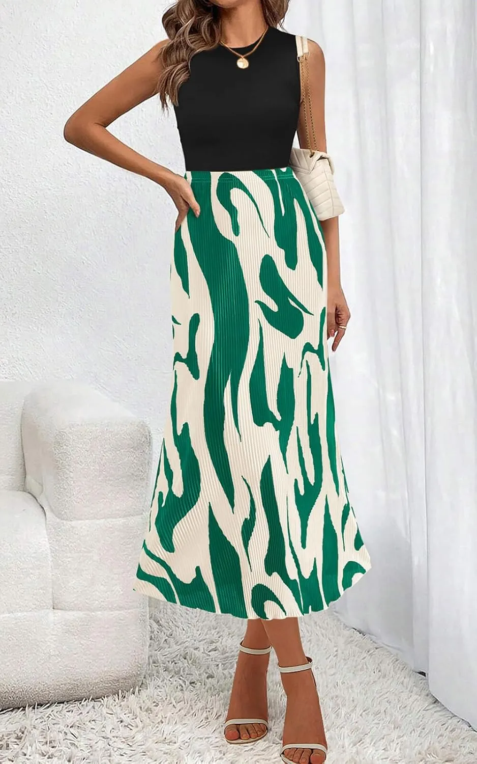 PRETTYGARDEN Women's 2025 Summer High Waist Graphic Print A Line Pleated Long Skirts for Women Trendy Plisse Midi Skirt