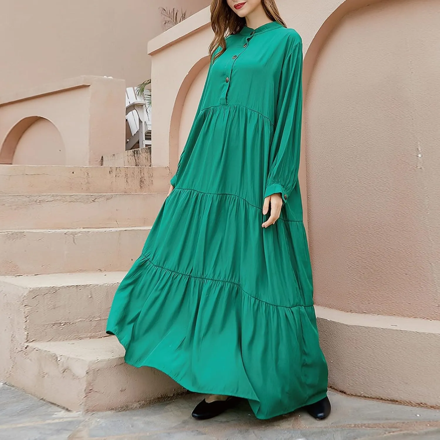 PTOLOCIF Ladies Fashion Casual Spring Large Size Fat Mm Dress Loose Solid Color Long Sleeve Long Skirt Dress for Women