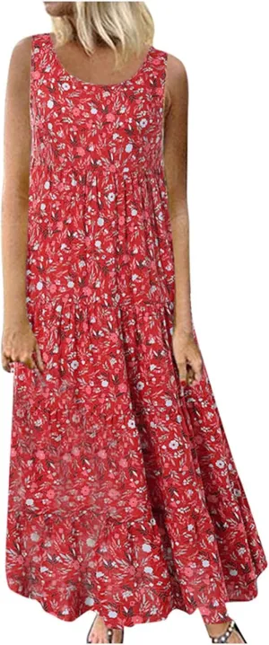 PTOLOCIF Sundresses for Women 2024, Summer Trendy Beach Dresses Floral Print Boho Dresses Casual Sleeveless Flowy Long Dress
