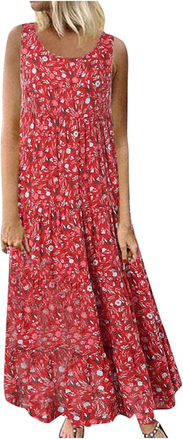 PTOLOCIF Sundresses for Women 2024, Summer Trendy Beach Dresses Floral Print Boho Dresses Casual Sleeveless Flowy Long Dress