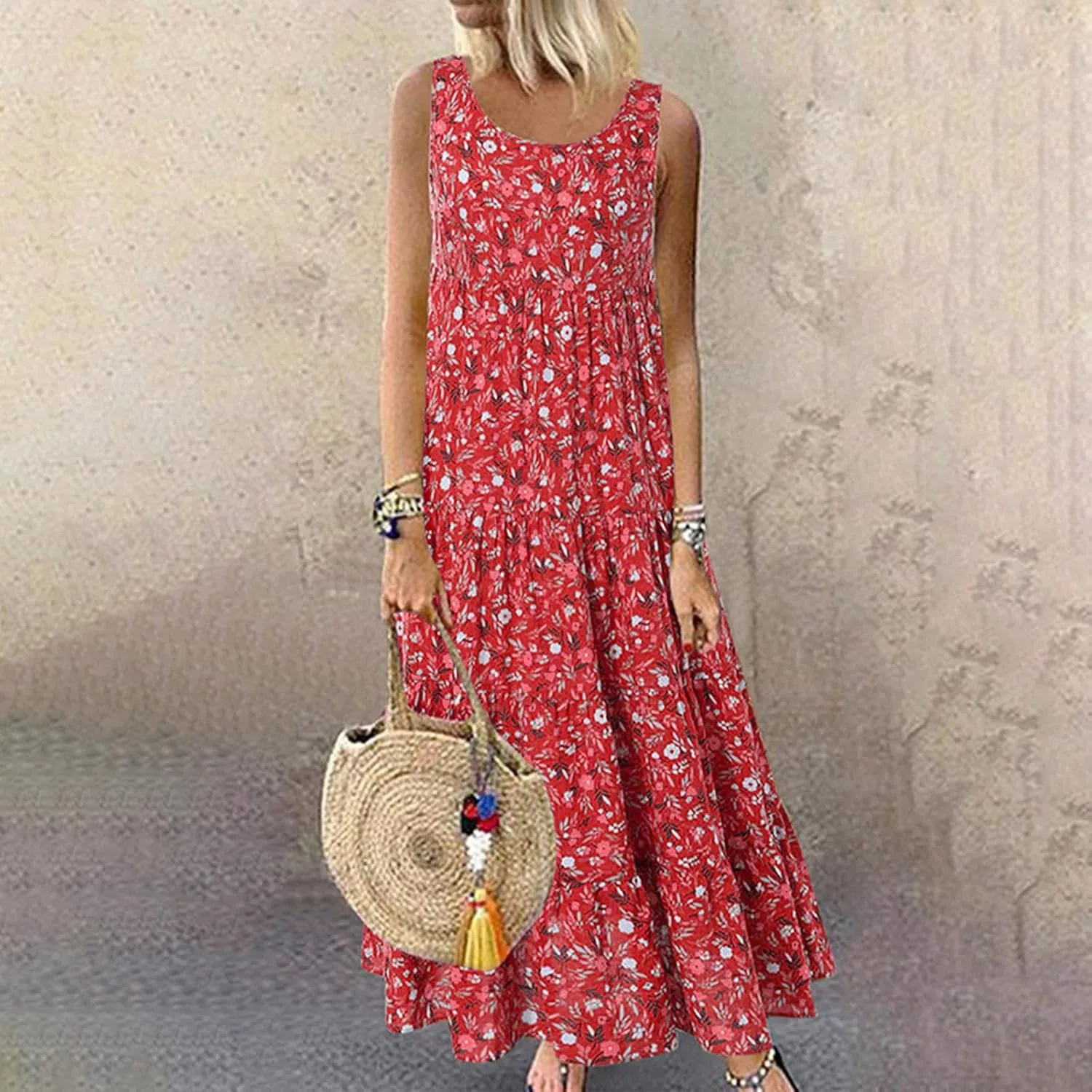 PTOLOCIF Sundresses for Women 2024, Summer Trendy Beach Dresses Floral Print Boho Dresses Casual Sleeveless Flowy Long Dress