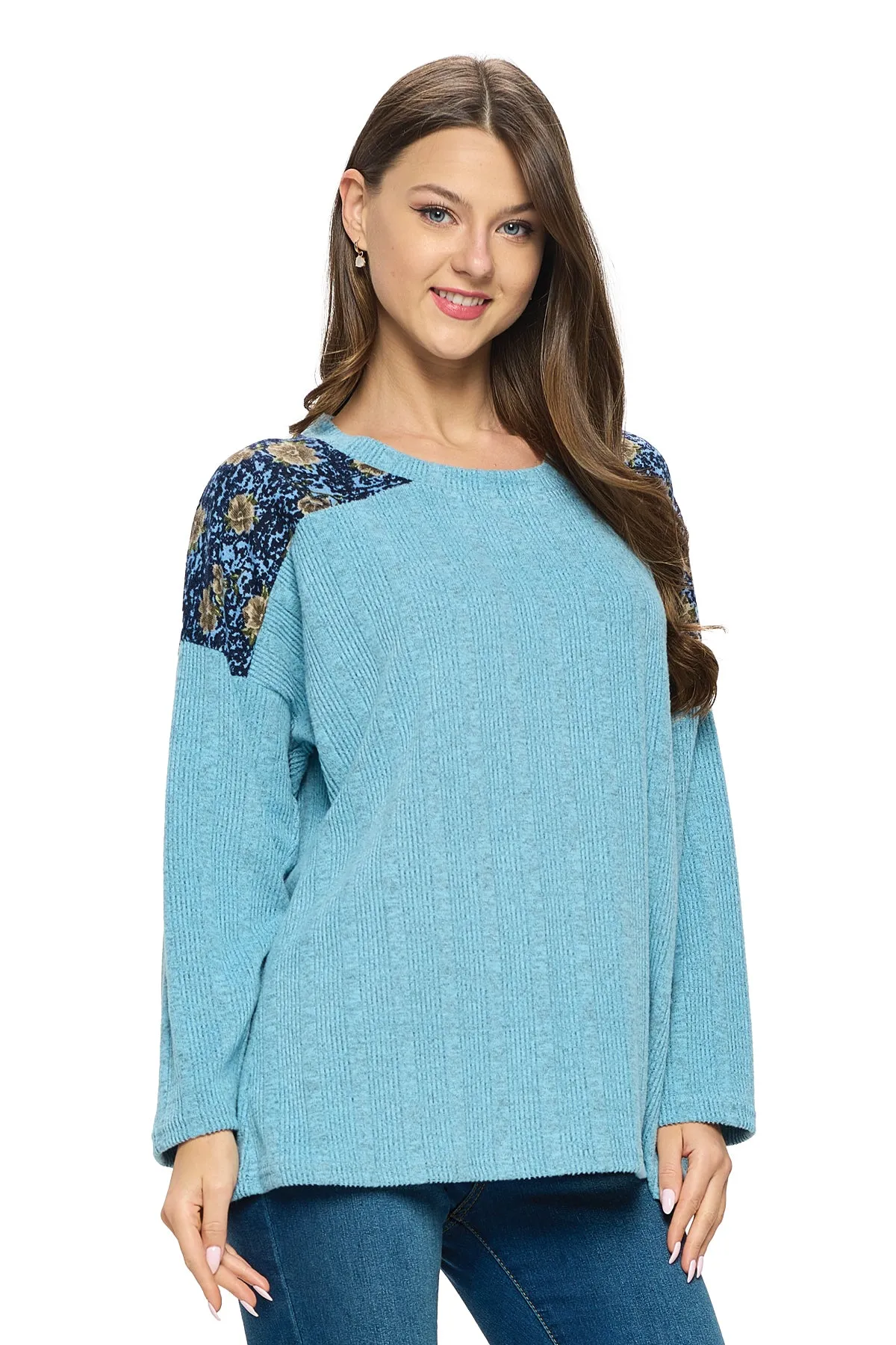 Pullover Oversized Ribbed Floral Shoulders