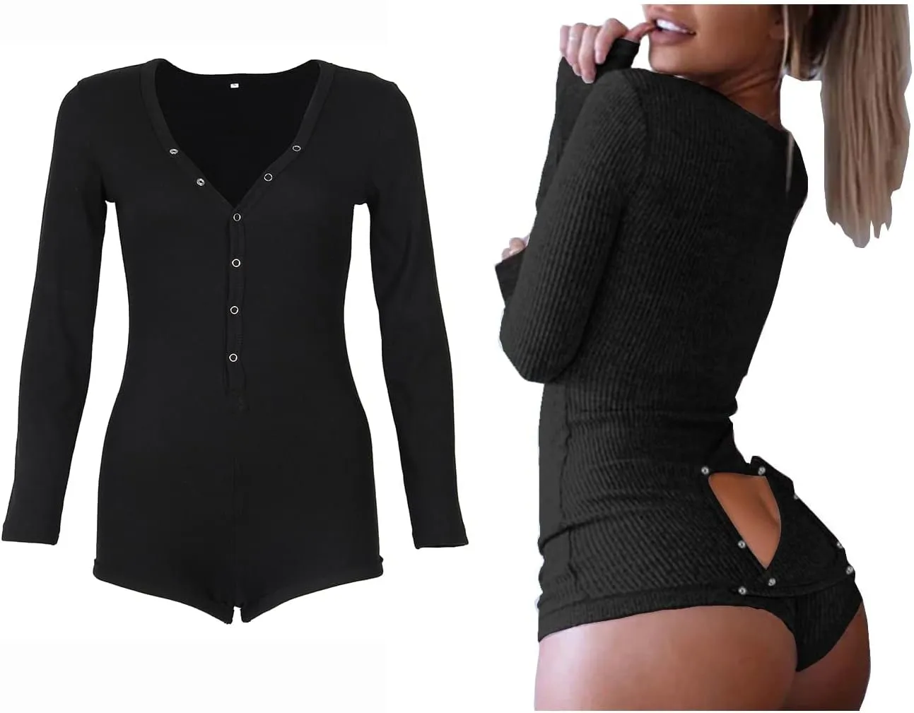 Roselux Women's Sexy Deep V Neck Shorts Long Sleeve Knitted One Piece Bodysuit Sexy Pajama Onesie Bodycon Rompers Overall